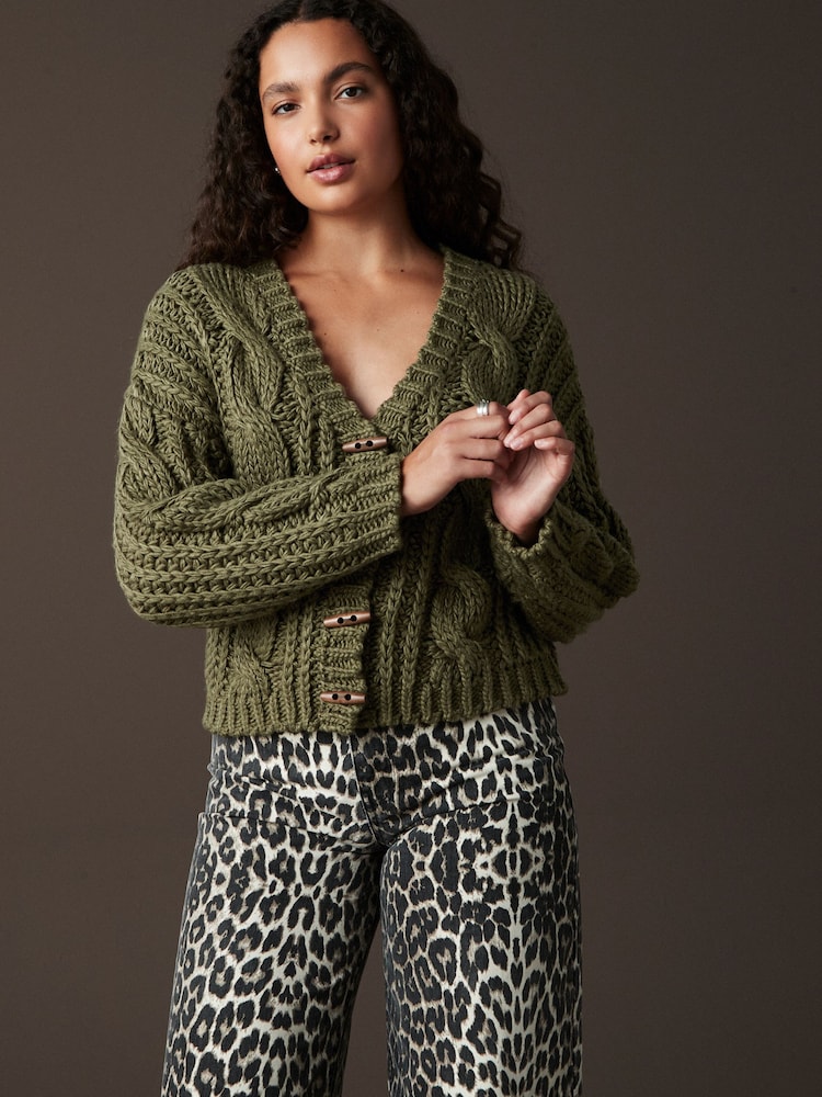 Green Khaki Chunky Knit Button Front Cable Cardigan - Image 2 of 8