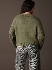 Green Khaki Chunky Knit Button Front Cable Cardigan - Image 3 of 8