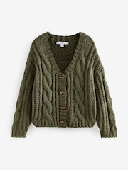 Green Khaki Chunky Knit Button Front Cable Cardigan - Image 5 of 8