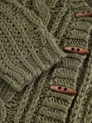 Green Khaki Chunky Knit Button Front Cable Cardigan - Image 7 of 8