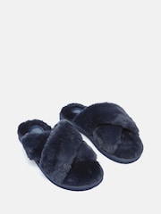 Joules Romilly Navy Faux Fur Slippers - Image 1 of 5