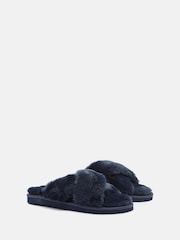 Joules Romilly Navy Faux Fur Slippers - Image 3 of 5
