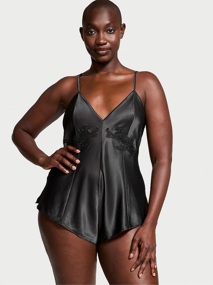 Victoria's Secret Black Jaguar Satin Playsuit - Image 1 of 3