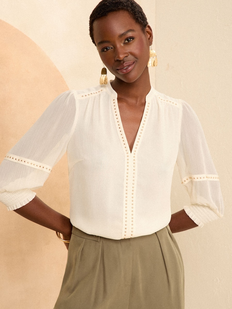 Love & Roses Ivory White Petite V Neck  Hardware Blouse - Image 1 of 4