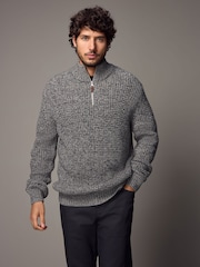 Grey Regular Fit Textured Zip Neck Jumper with Wool - Image 1 of 7