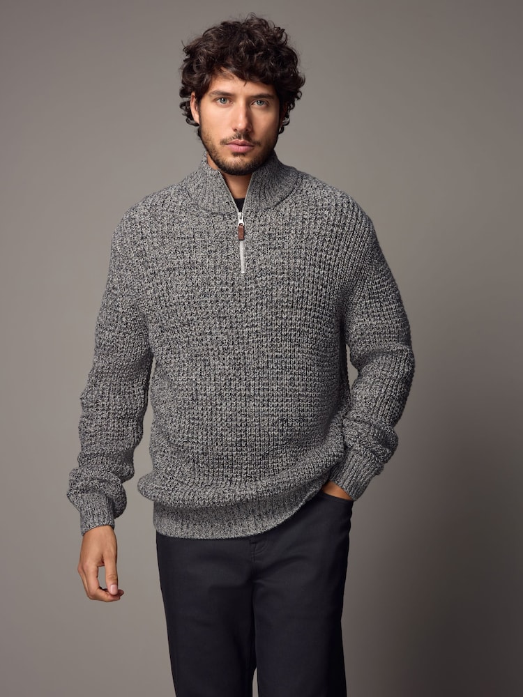 Grey Regular Fit Textured Zip Neck Jumper with Wool - Image 1 of 7