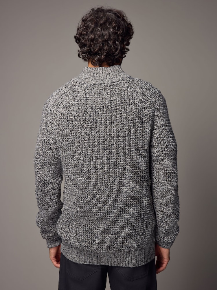 Grey Regular Fit Textured Zip Neck Jumper with Wool - Image 2 of 7