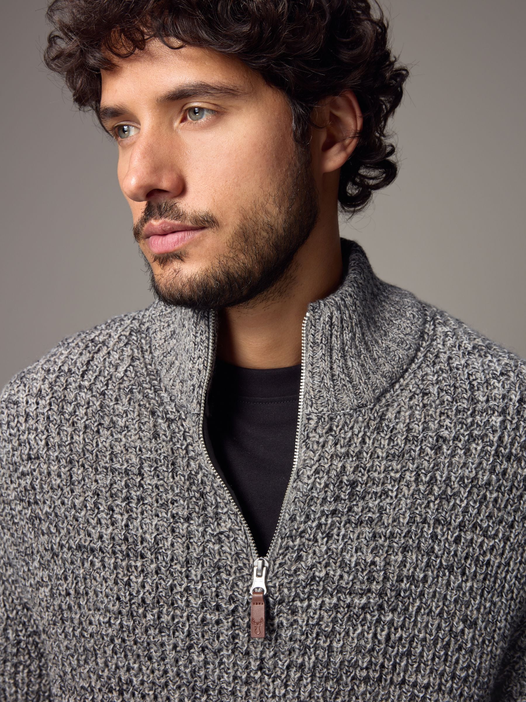 正規代理店 Buy from Wool with Jumper Neck Zip Textured Fit Regular Grey トップス