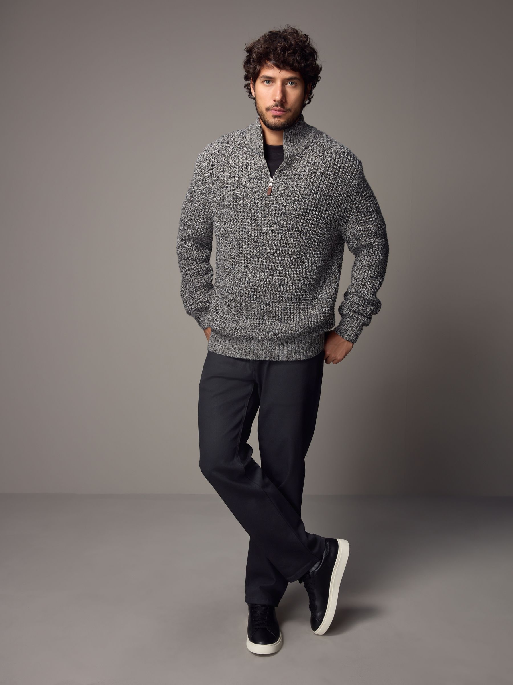 Buy Grey Regular Fit Textured Zip Neck Jumper with Wool from