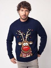 Navy Blue Rudolph Crew Neck Regular Fit Christmas Jumper - Image 1 of 9