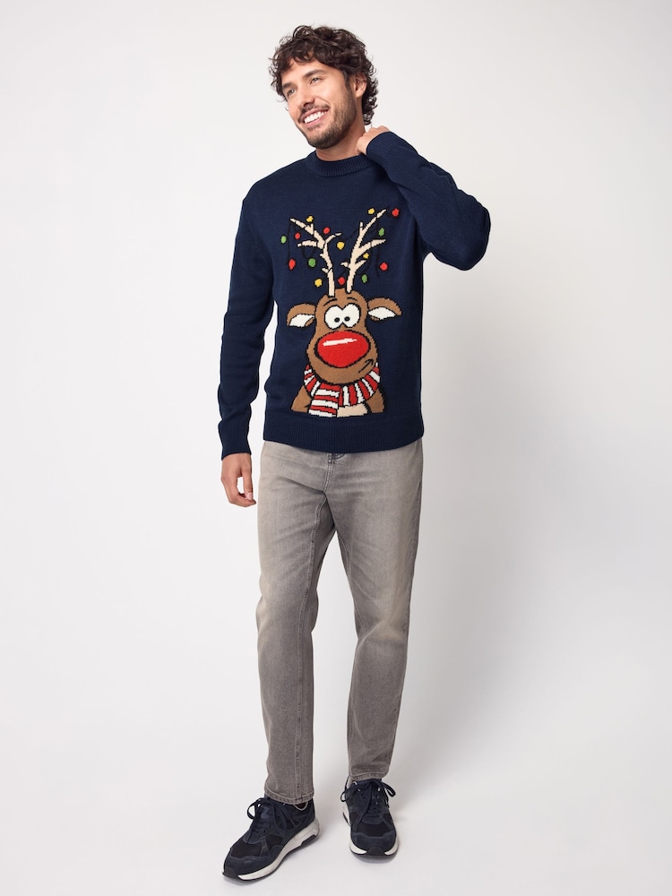 Navy Blue Rudolph Crew Neck Regular Fit Christmas Jumper - Image 2 of 9
