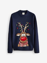 Navy Blue Rudolph Crew Neck Regular Fit Christmas Jumper - Image 6 of 9