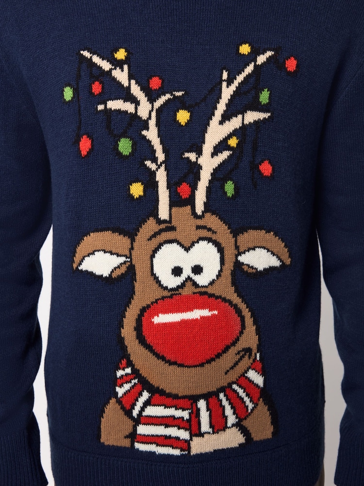 Navy Blue Rudolph Crew Neck Regular Fit Christmas Jumper - Image 9 of 9