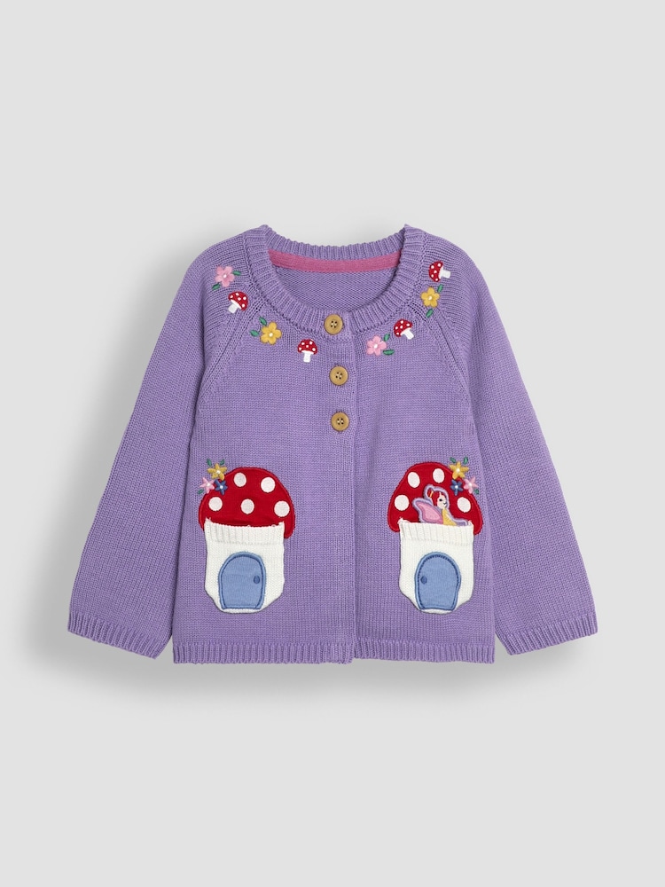 Hada y seta venenosa en color lila morado - JoJo Maman Bébé Mascota en Pocket Cardigan - Imagen 1 de 3