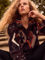 Black/Brown Abstract Print Teddy Borg Cosy Longline Quarter Zip Fleece - Image 1 of 8
