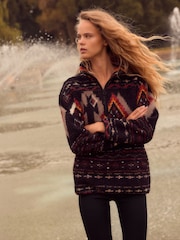 Black/Brown Abstract Print Teddy Borg Cosy Longline Quarter Zip Fleece - Image 3 of 8