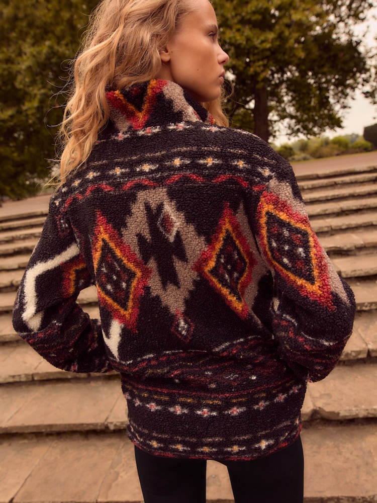 Black/Brown Abstract Print Teddy Borg Cosy Longline Quarter Zip Fleece - Image 4 of 8