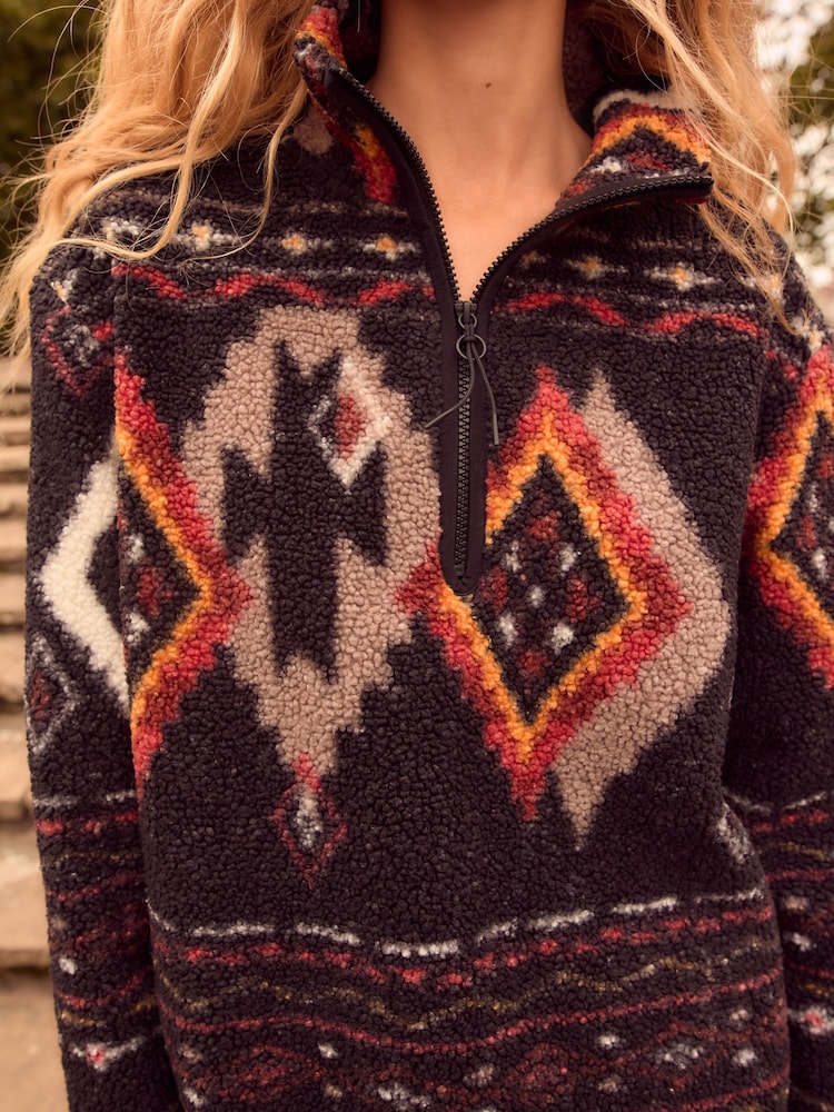 Black/Brown Abstract Print Teddy Borg Cosy Longline Quarter Zip Fleece - Image 5 of 8