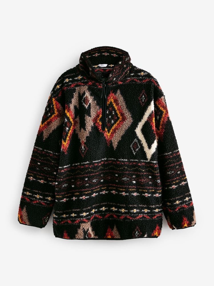 Black/Brown Abstract Print Teddy Borg Cosy Longline Quarter Zip Fleece - Image 6 of 8