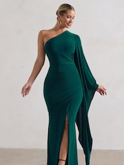 Club L London Forest Green Giada Ruched Asymmetric Maxi Dress With Cape Sleeve - Image 1 of 5