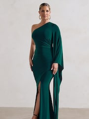 Club L London Forest Green Giada Ruched Asymmetric Maxi Dress With Cape Sleeve - Image 2 of 5