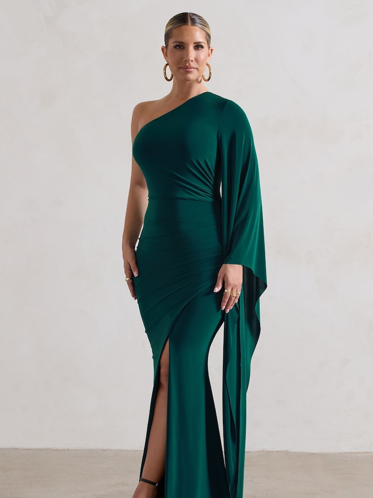 Club L London Forest Green Giada Ruched Asymmetric Maxi Dress With Cape Sleeve - Image 2 of 5