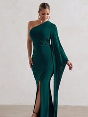 Club L London Forest Green Giada Ruched Asymmetric Maxi Dress With Cape Sleeve - Image 3 of 5
