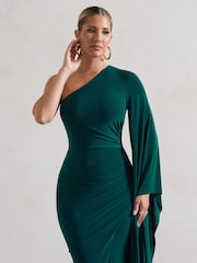 Club L London Forest Green Giada Ruched Asymmetric Maxi Dress With Cape Sleeve - Image 4 of 5