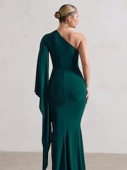 Club L London Forest Green Giada Ruched Asymmetric Maxi Dress With Cape Sleeve - Image 5 of 5