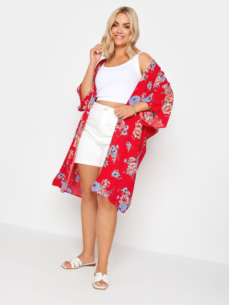 Yours Curve Red Red Floral Print Longline Kimono - Image 1 of 6