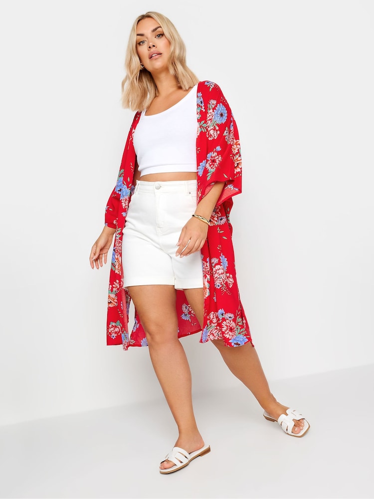 Yours Curve Red Red Floral Print Longline Kimono - Image 2 of 6