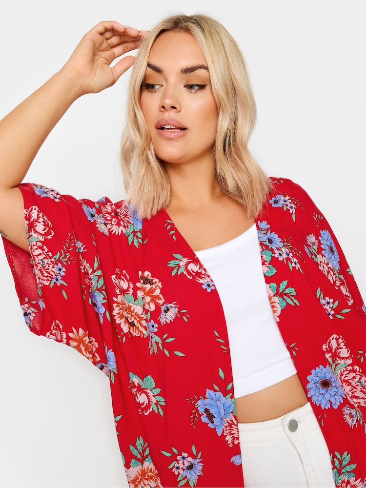 Yours Curve Red Red Floral Print Longline Kimono - Image 5 of 6