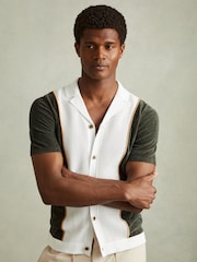 Reiss Green Smoke Meastro Hybrid Velour Cuban Collar Shirt - Image 1 of 6