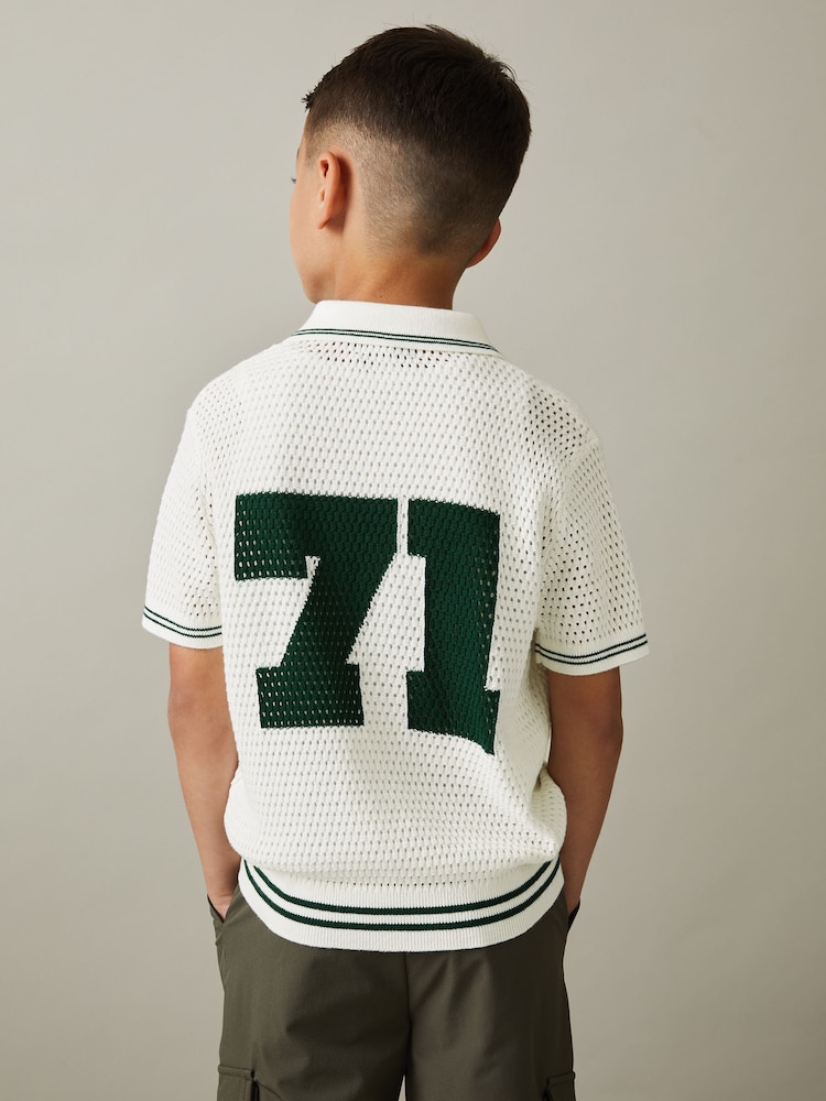 Reiss White/Dark Green Mikan 9-13 yrs Cotton Open-Stitch Motif Shirt - Image 1 of 4