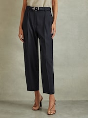 Reiss Navy Freja Petite Tapered Belted Trousers - Image 1 of 7