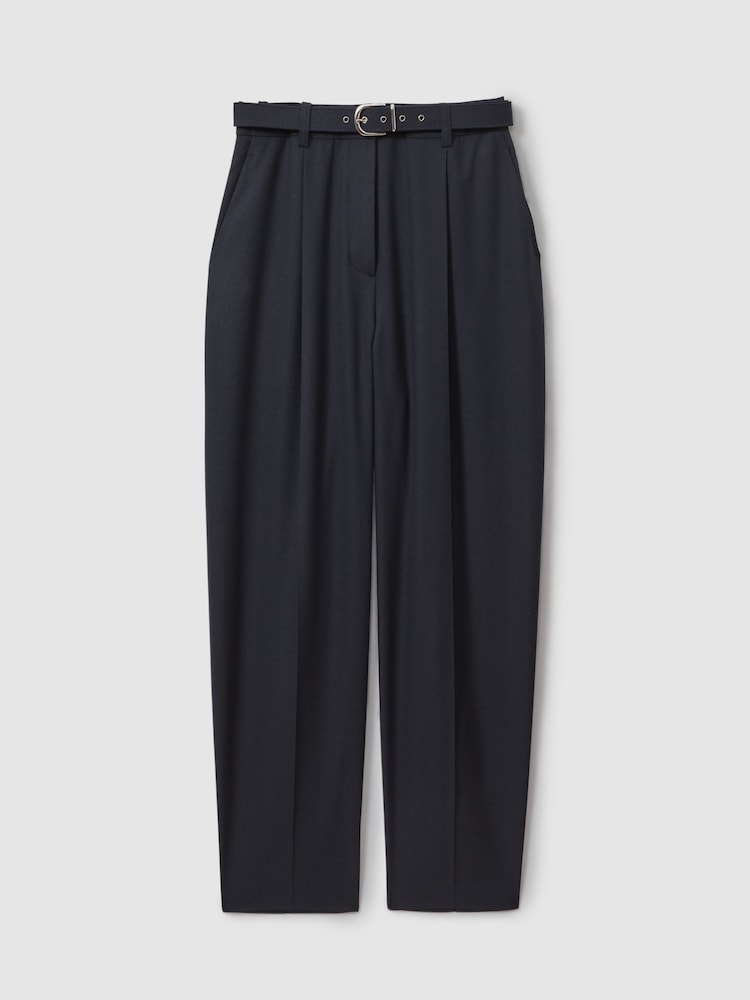 Reiss Navy Freja Petite Tapered Belted Trousers - Image 2 of 7