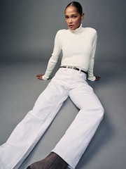 White Ecru High Roll Neck Rib Knitted Jumper with Wool - Image 2 of 6