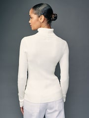 White Ecru High Roll Neck Rib Knitted Jumper with Wool - Image 3 of 6