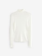 White Ecru High Roll Neck Rib Knitted Jumper with Wool - Image 4 of 6