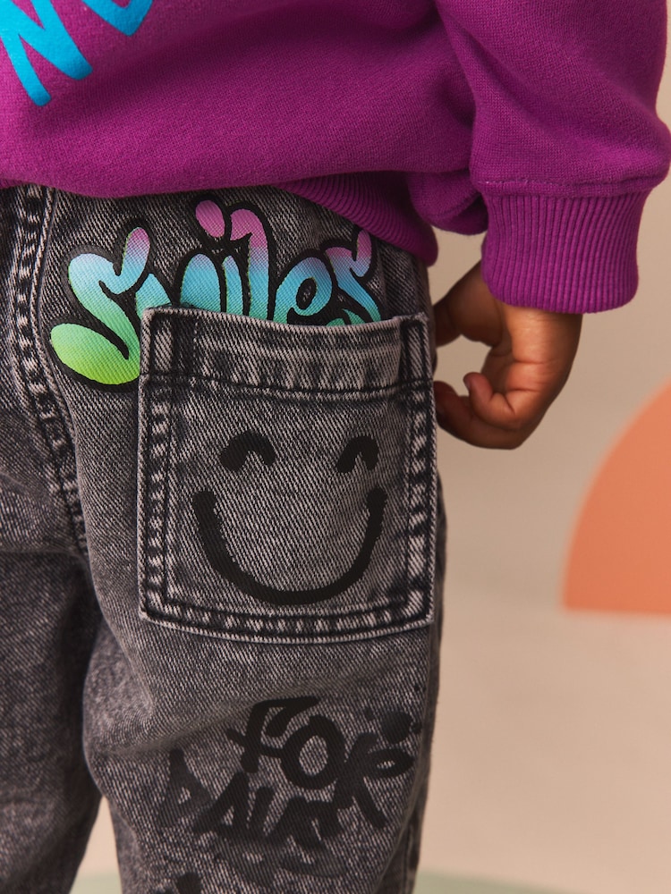 Black Denim 100% Cotton Graffiti Print Jeans (3mths-7yrs) - Image 3 of 8