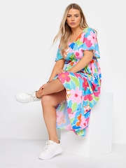 Yours Curve Blue Limited Short Sleeve Bow Back Midaxi Dress - Image 1 of 5