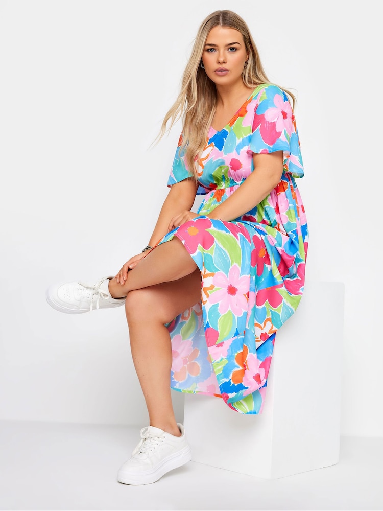 Yours Curve Blue Limited Short Sleeve Bow Back Midaxi Dress - Image 1 of 5