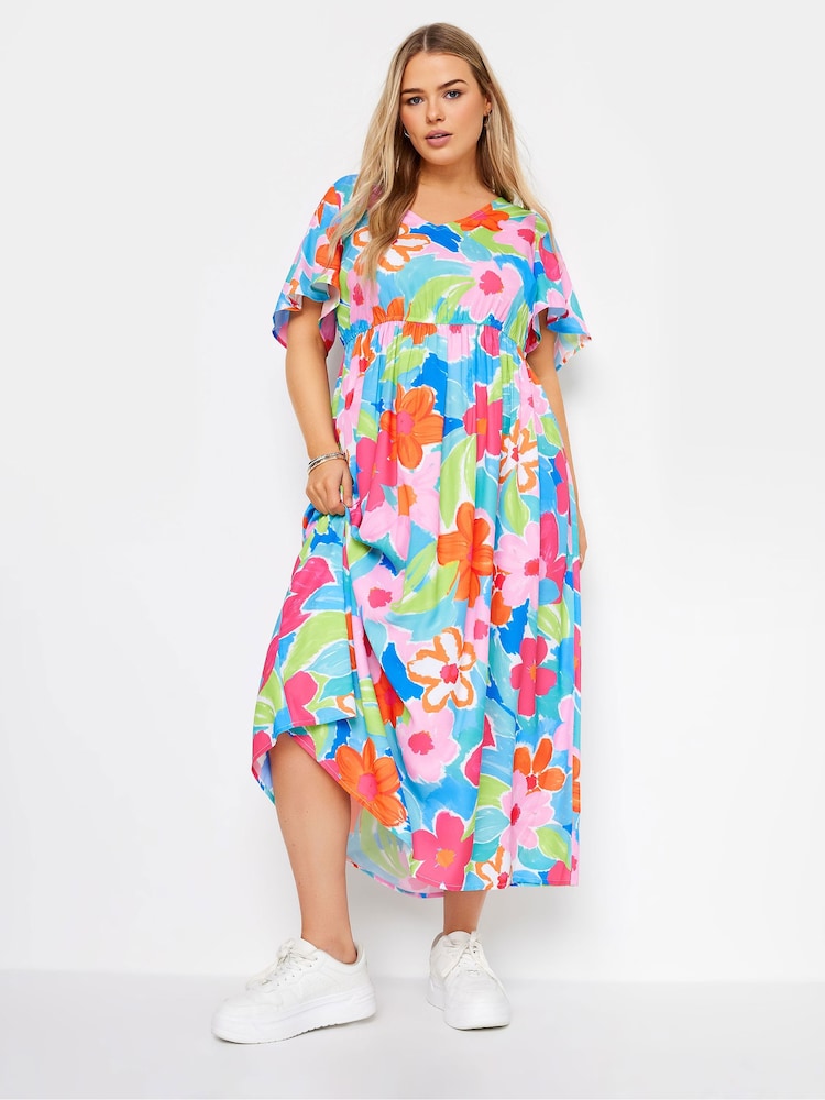 Yours Curve Blue Limited Short Sleeve Bow Back Midaxi Dress - Image 2 of 5