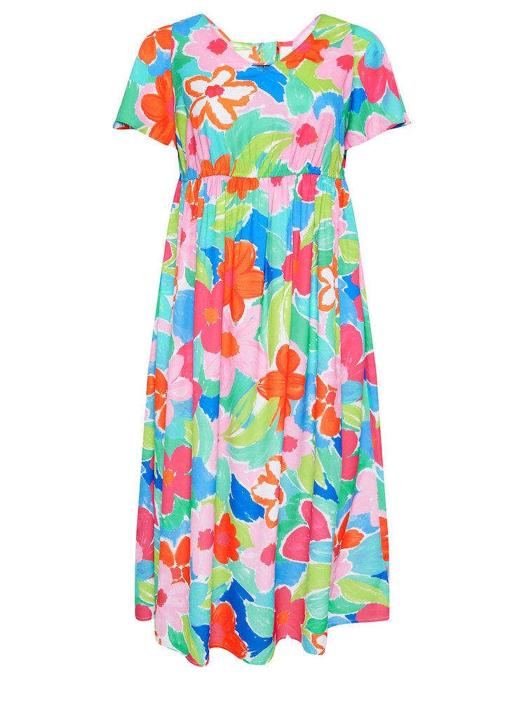 Yours Curve Blue Limited Short Sleeve Bow Back Midaxi Dress - Image 5 of 5