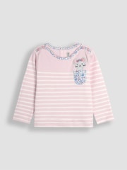 JoJo Maman Bébé Pink Mouse Cotton Long Sleeve Pocket Breton Top - Image 1 of 3