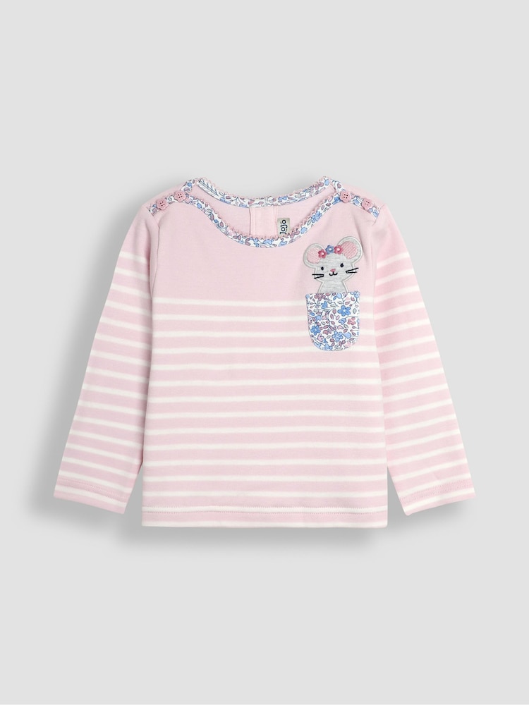 JoJo Maman Bébé Pink Mouse Cotton Long Sleeve Pocket Breton Top - Image 1 of 3