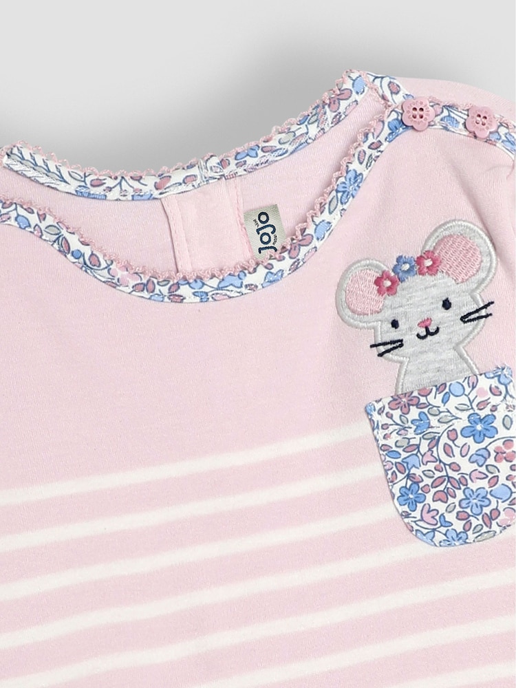 JoJo Maman Bébé Pink Mouse Cotton Long Sleeve Pocket Breton Top - Image 3 of 3