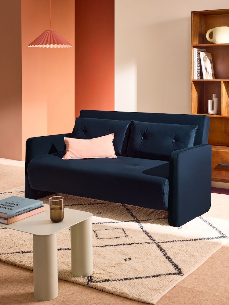 MADE.COM Midnight Navy Blue Velvet Haru 2 Seater Sofa Bed - Image 1 of 6