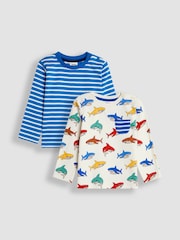 Ecru mit Haifisch-Print und Streifen - JoJo Maman Bébé Long Sleeve 2-Pack Tops - Bild 1 von 5