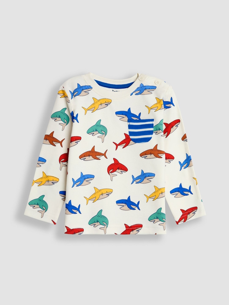 Ecru mit Haifisch-Print und Streifen - JoJo Maman Bébé Long Sleeve 2-Pack Tops - Bild 2 von 5